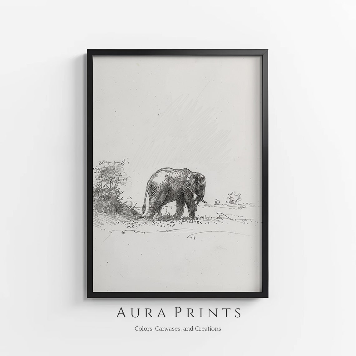 Elephant Pencil Sketch Walking Minimalist Wildlife Line Art Poster