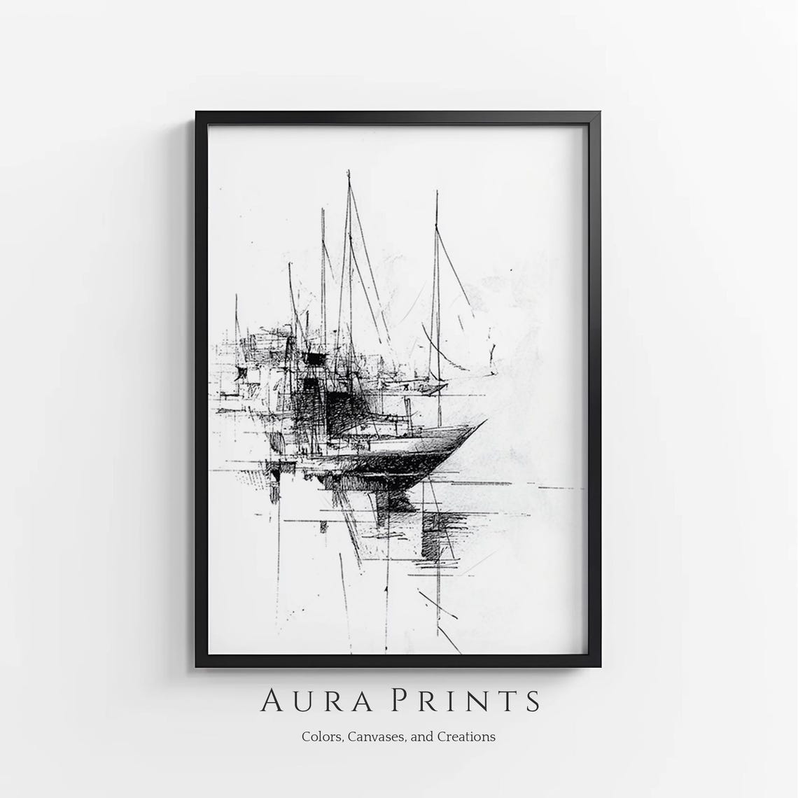 Abstract Sailboat Harbor Pencil Sketch Minimal Geometric Wall Poster
