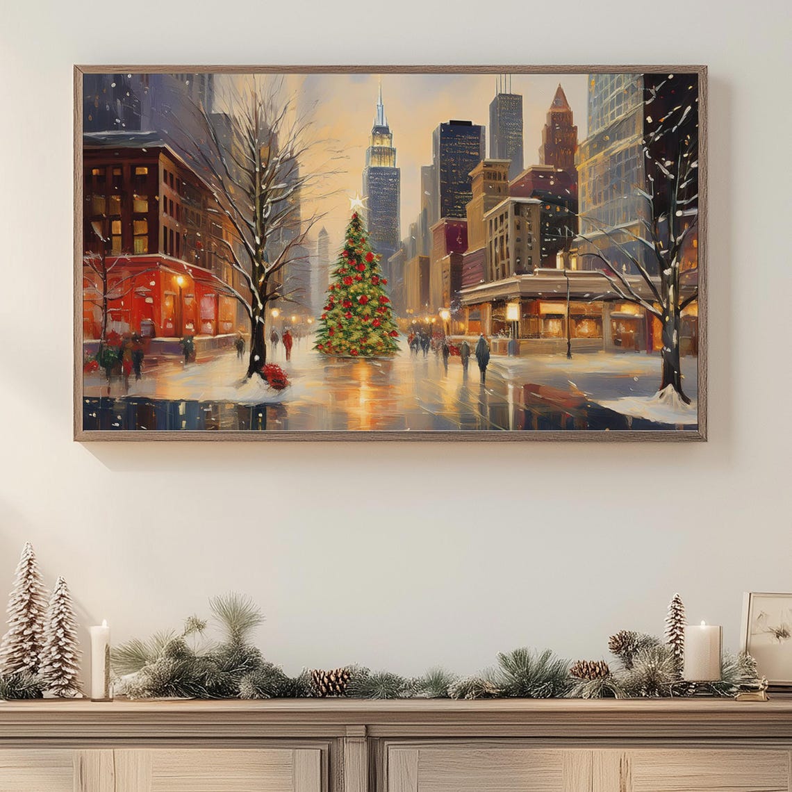 Snowy City Street Christmas Tree Skyscraper Winter Cityscape Poster - Image 3