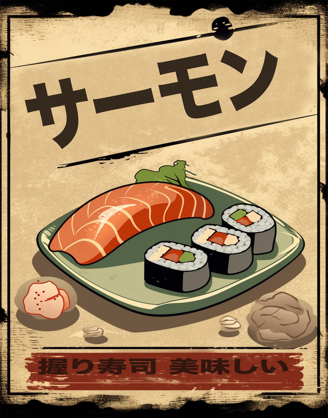 Vintage Japanese Salmon Sushi Nigiri Retro Kitchen Food Poster - Image 2