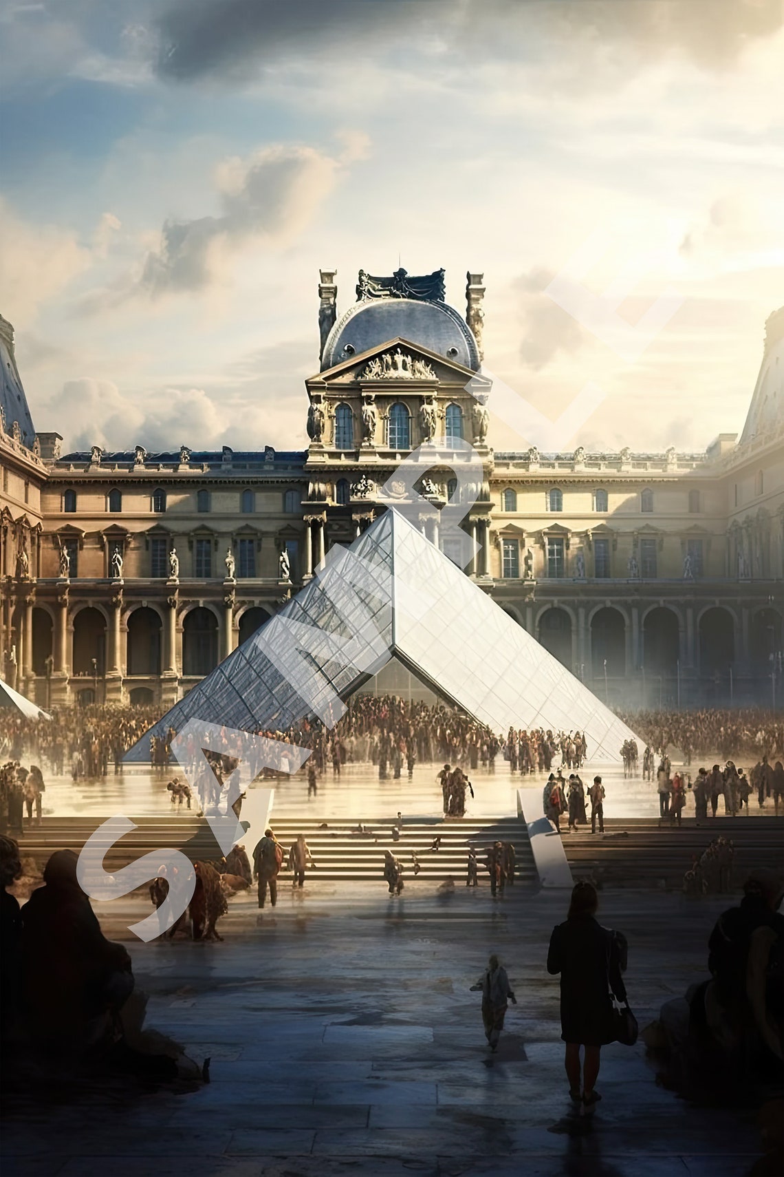 Louvre Museum Glass Pyramid Paris Bustling Crowd Painting Poster - Image 2