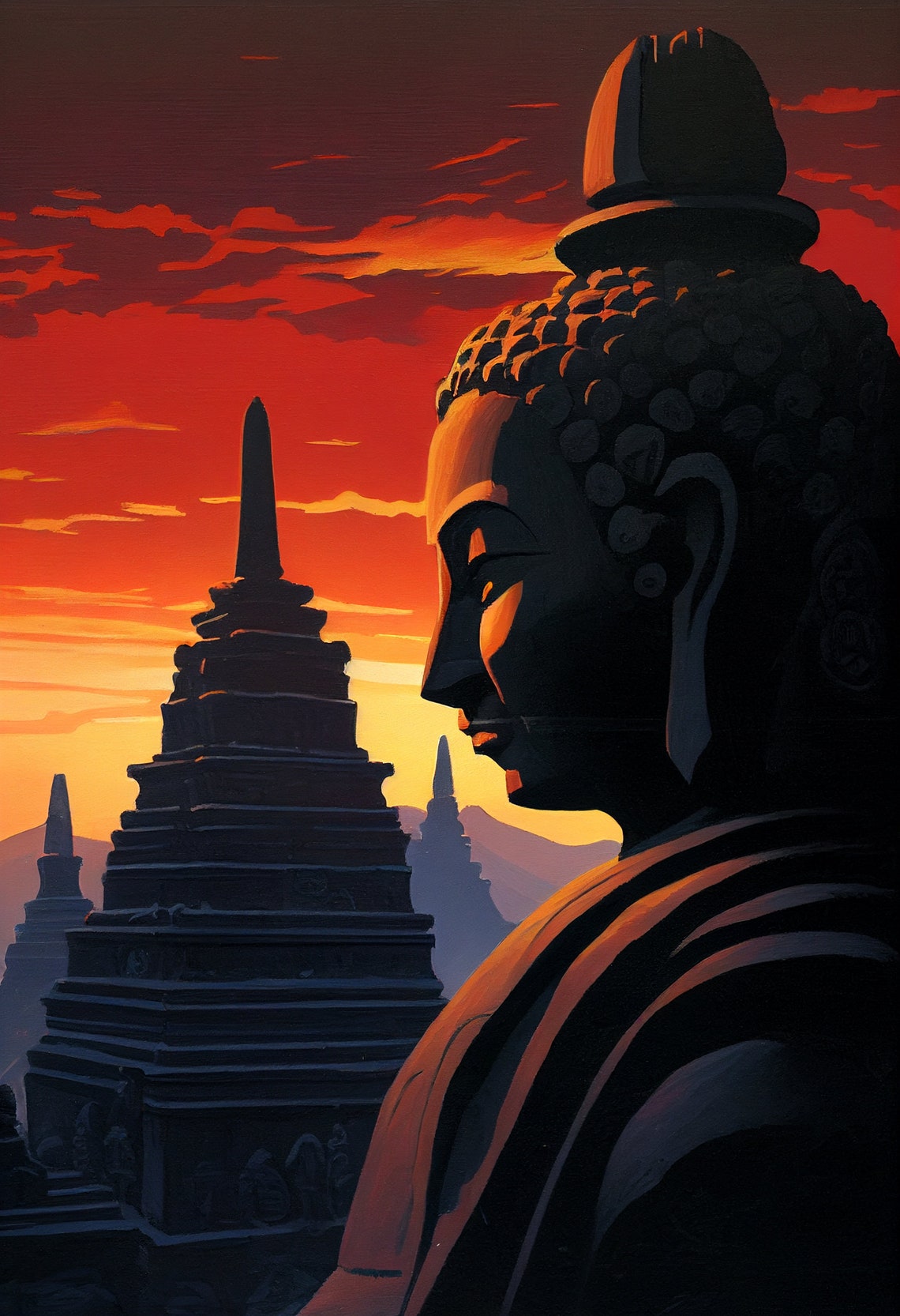 Buddha Silhouette Profile at Fiery Red Sunset Borobudur Poster - Image 2