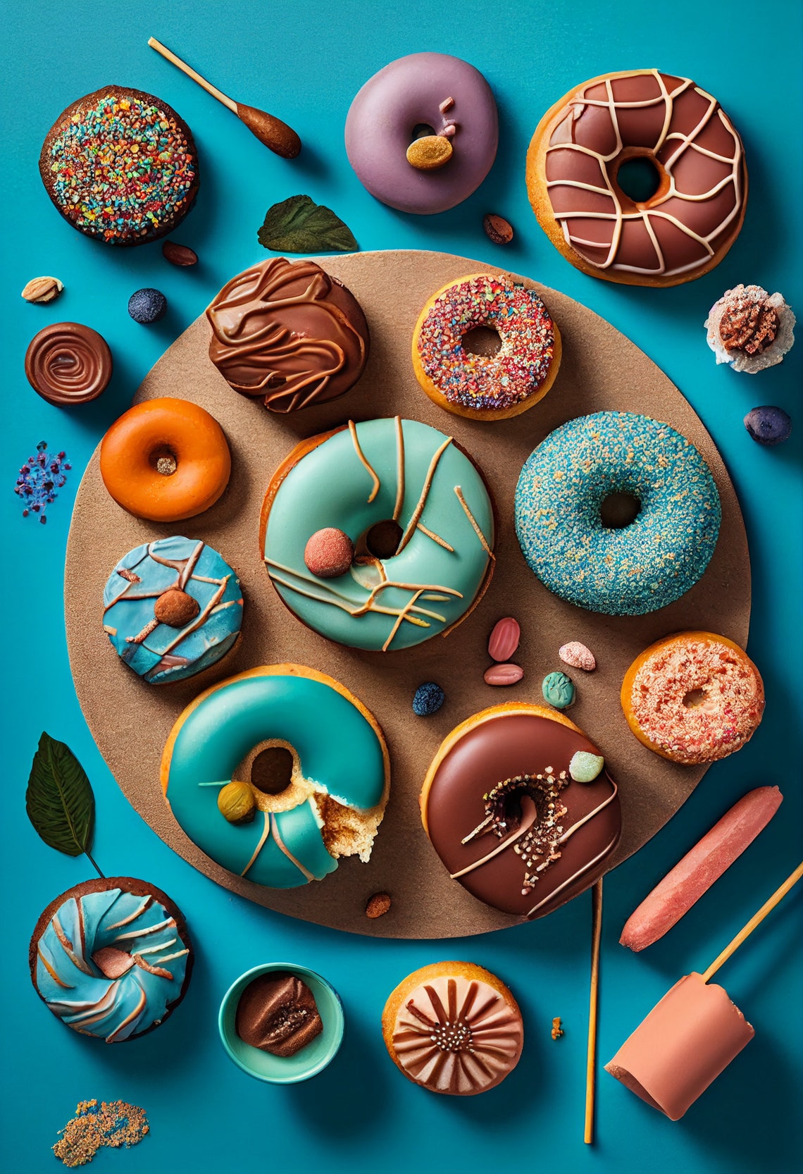 Colorful Glazed Doughnuts Flat Lay On Turquoise Kitchen Poster - Image 2