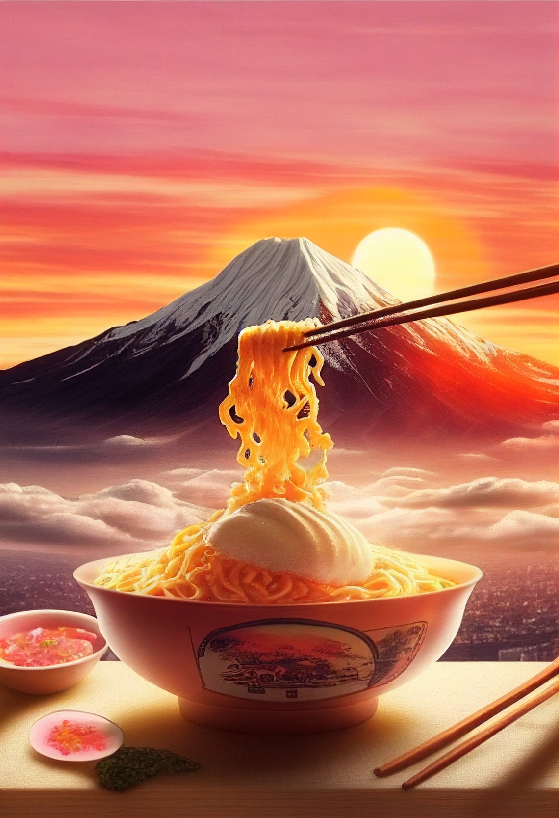Ramen Bowl Mount Fuji Sunset Chopsticks Noodles Food Art Poster - Image 2