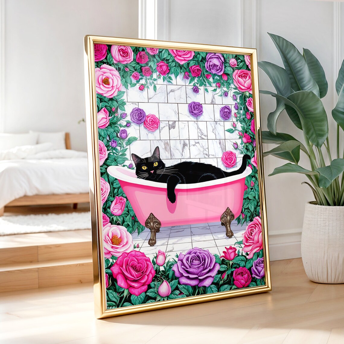 Black Cat Lounging In Pink Bathtub Surrounded By Rose Garden Poster - Image 2