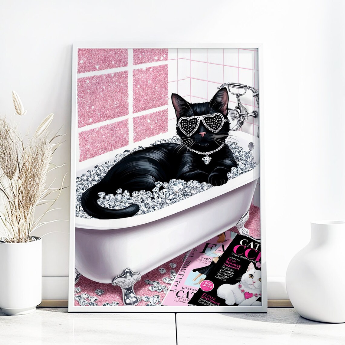 Black Cat Diamond Bath Glam Luxury Funny Bathroom Photo Poster - Image 3