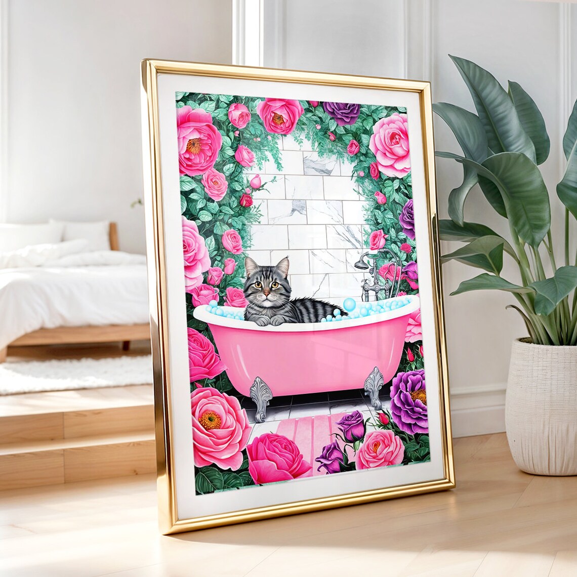 Grey Tabby Cat Relaxing In Pink Bubble Bath With Roses Poster