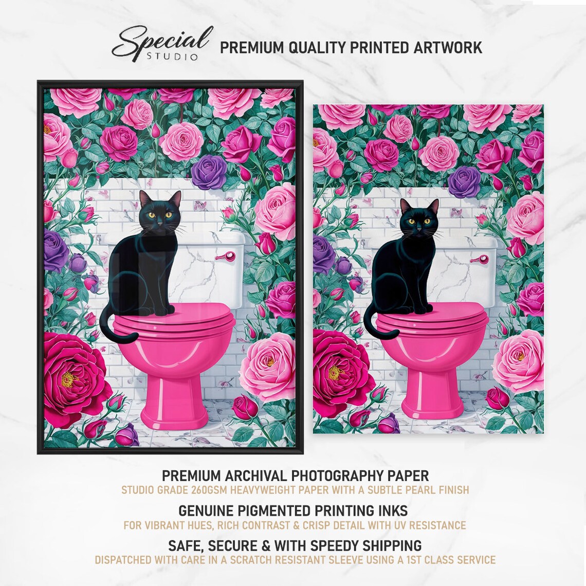 Black Cat Sitting On Pink Toilet Surrounded By Roses Bathroom Poster - Image 3