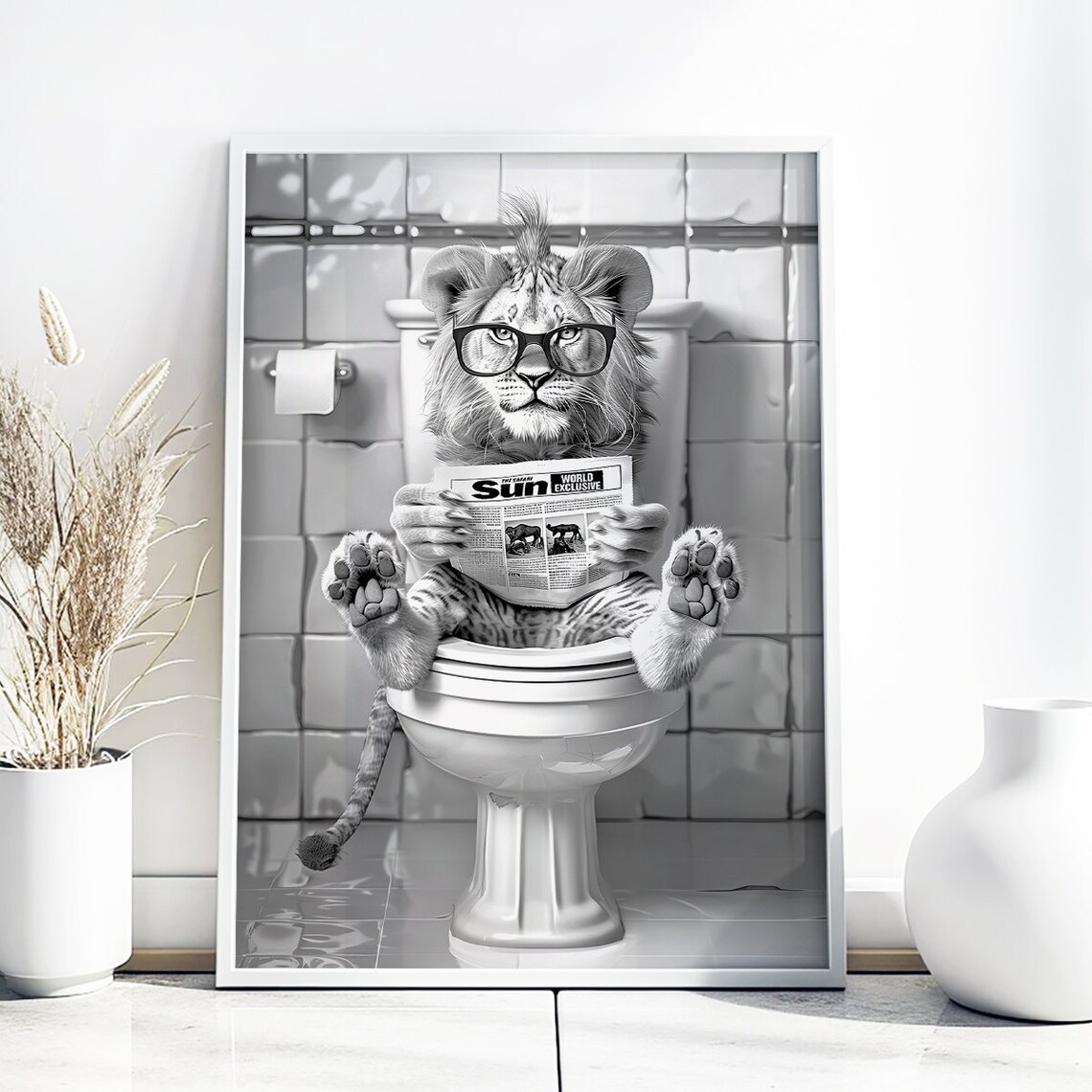 Lion Reading The Sun Newspaper on Toilet Funny Bathroom Poster - Image 5