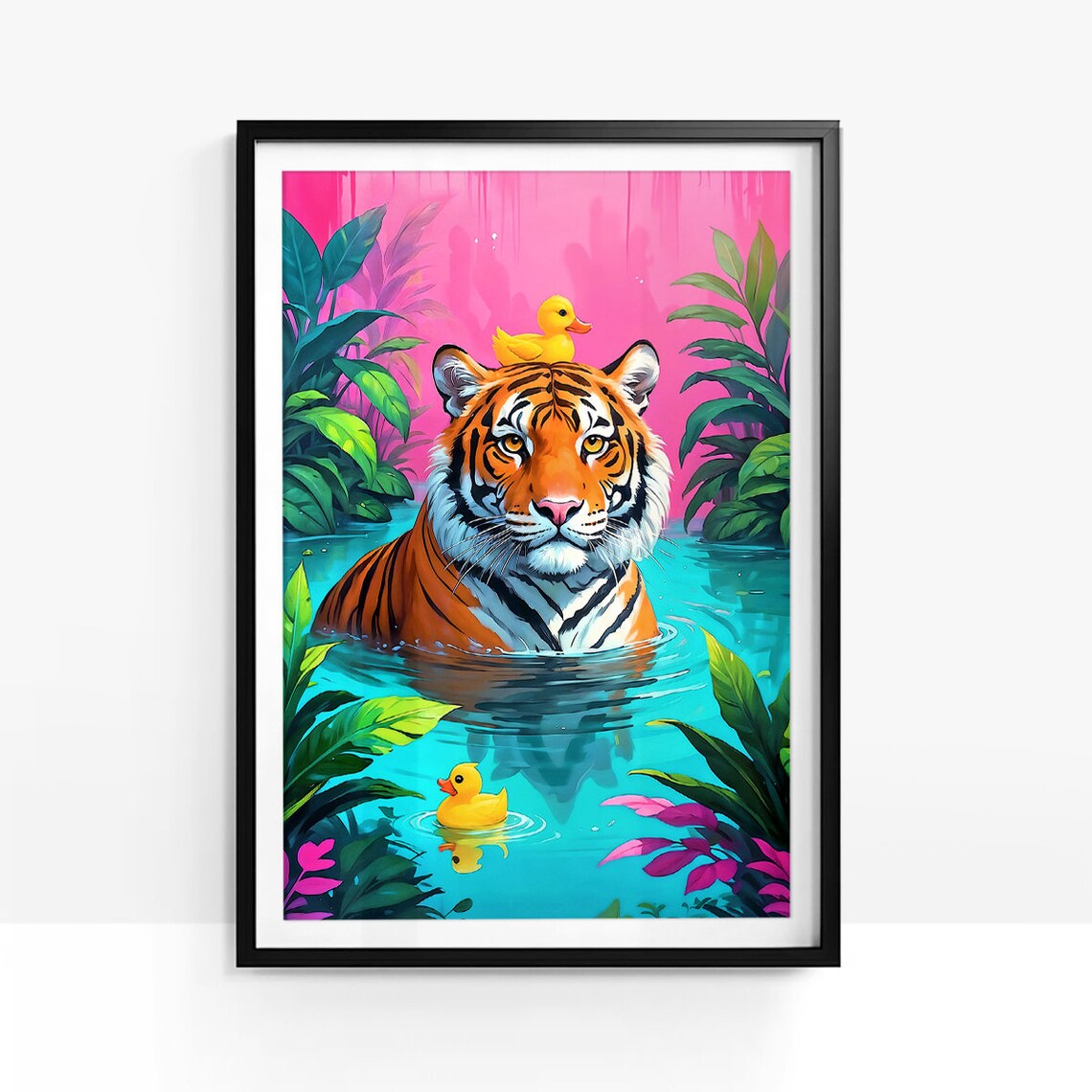 Tiger In Bathtub With Rubber Ducks Tropical Pink Bathroom Poster - Image 2