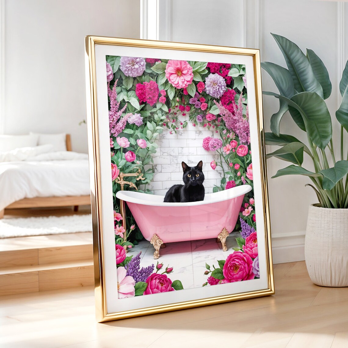 Black Cat In Pink Bathtub Under Flower Arch Wall Decor Poster - Image 2