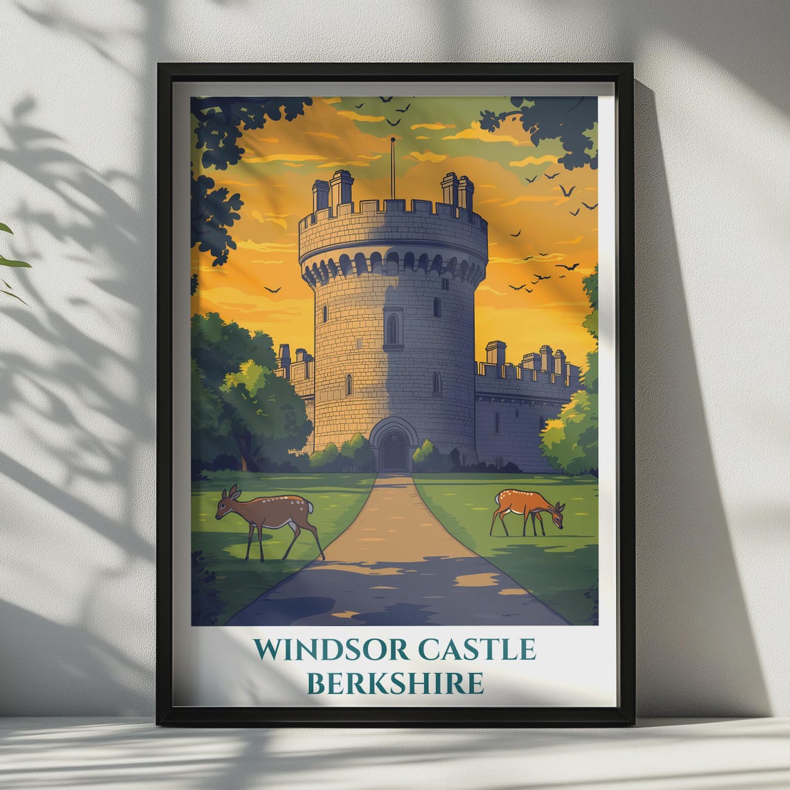 Windsor Castle Berkshire Travel Poster Sunset Tower Deer Park Art