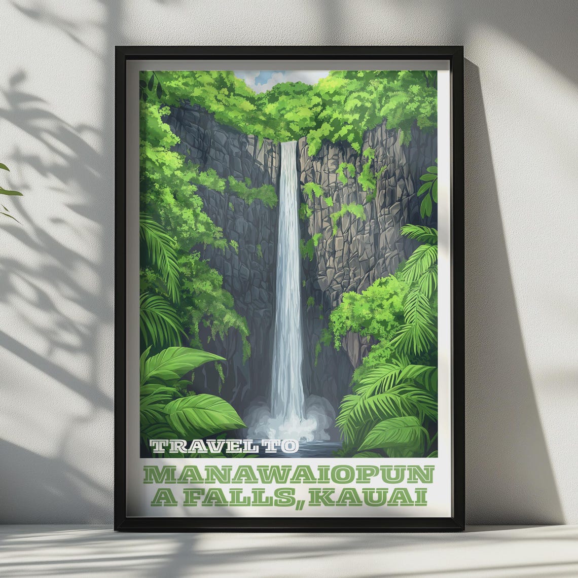 Manawaiopuna Falls Kauai Travel Poster Tropical Waterfall Hawaii Art