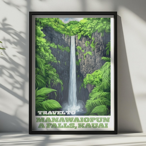 Manawaiopuna Falls Kauai Hawaii Waterfall Travel Poster Tropical Jungle Wall Art
