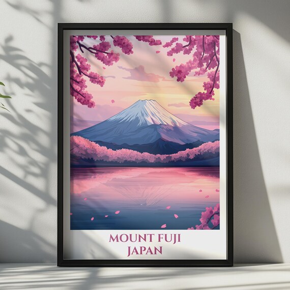 Mount Fuji Japan Travel Poster Cherry Blossom Wall Art Japanese Pink Print