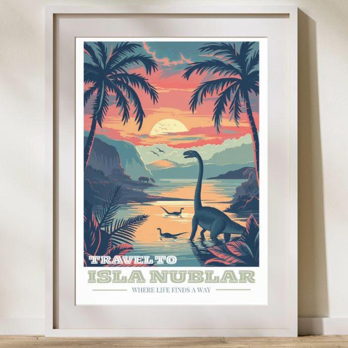 Retro Dinosaur Island Travel Poster Print