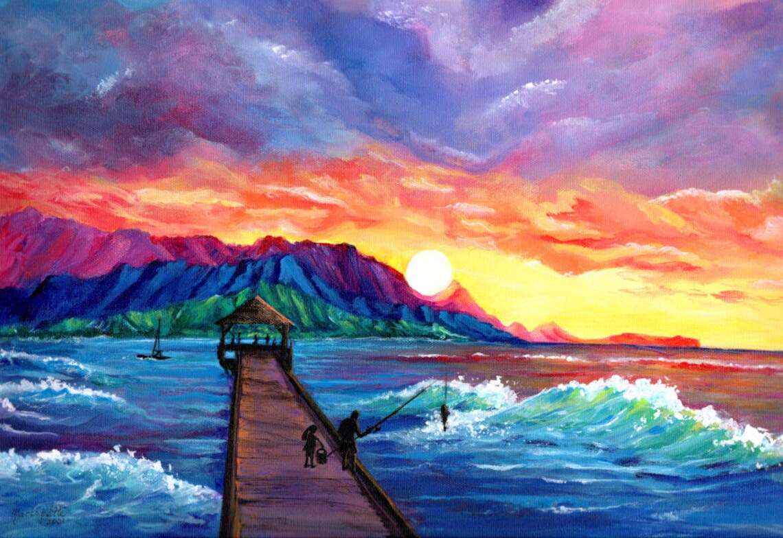Fishing From Hanalei Pier, Kauai Travel Poster