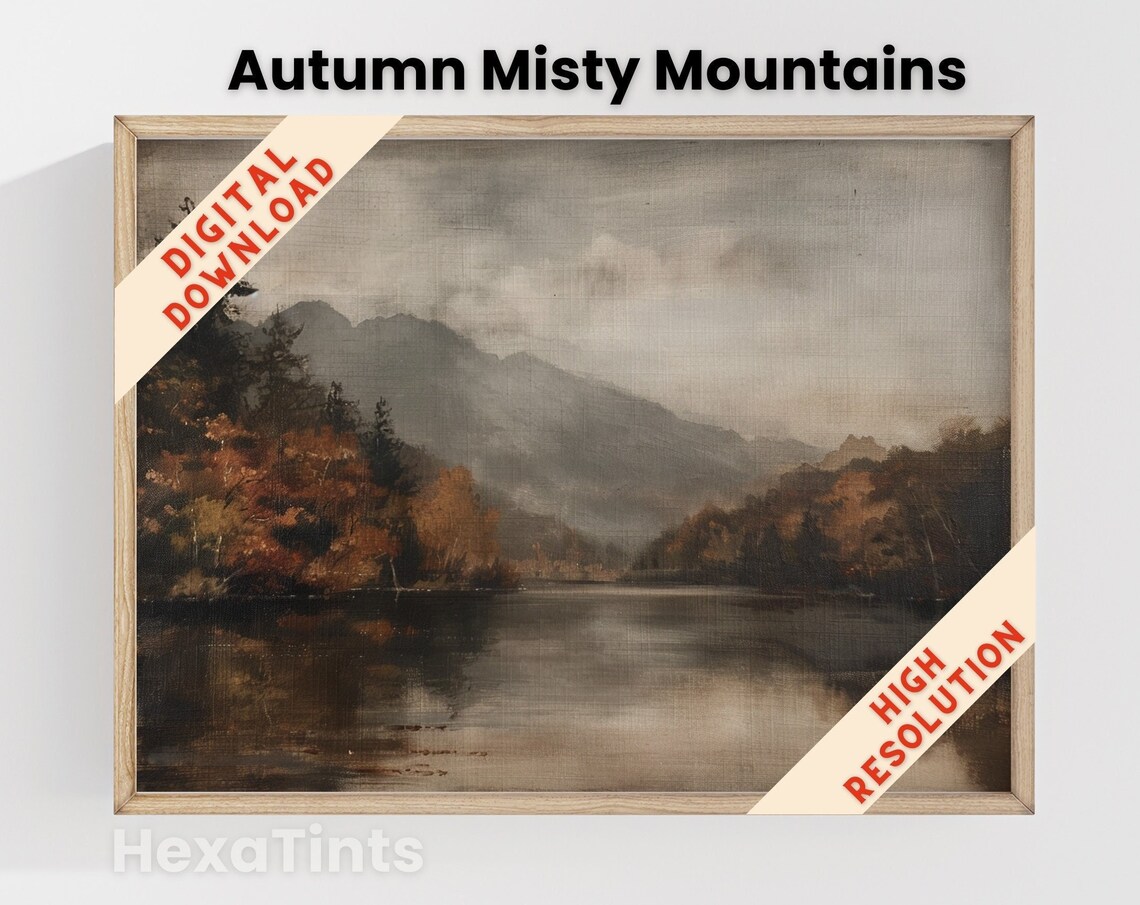 Autumn Misty Mountains Foggy Lake Fall Foliage Vintage Wall Poster