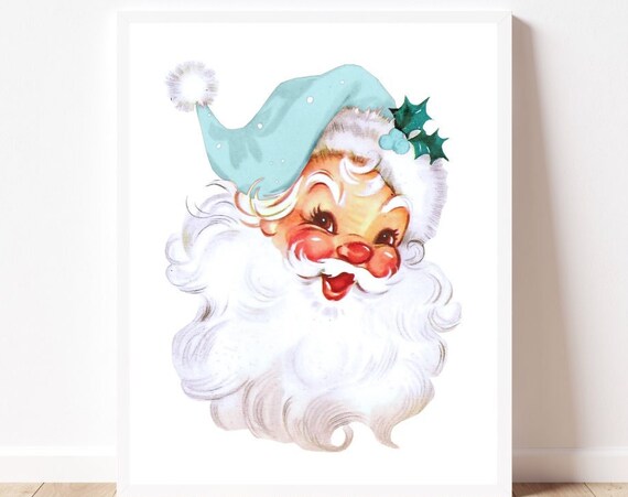 Vintage Santa Blue Christmas Decor Art Print