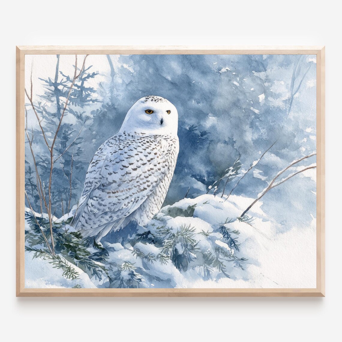 Snowy Owl Winter Watercolor Perched On Snowy Forest Branch Poster