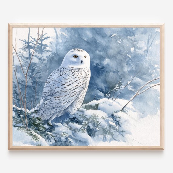 Snowy Owl Winter Watercolor Perched On Snowy Forest Branch Poster