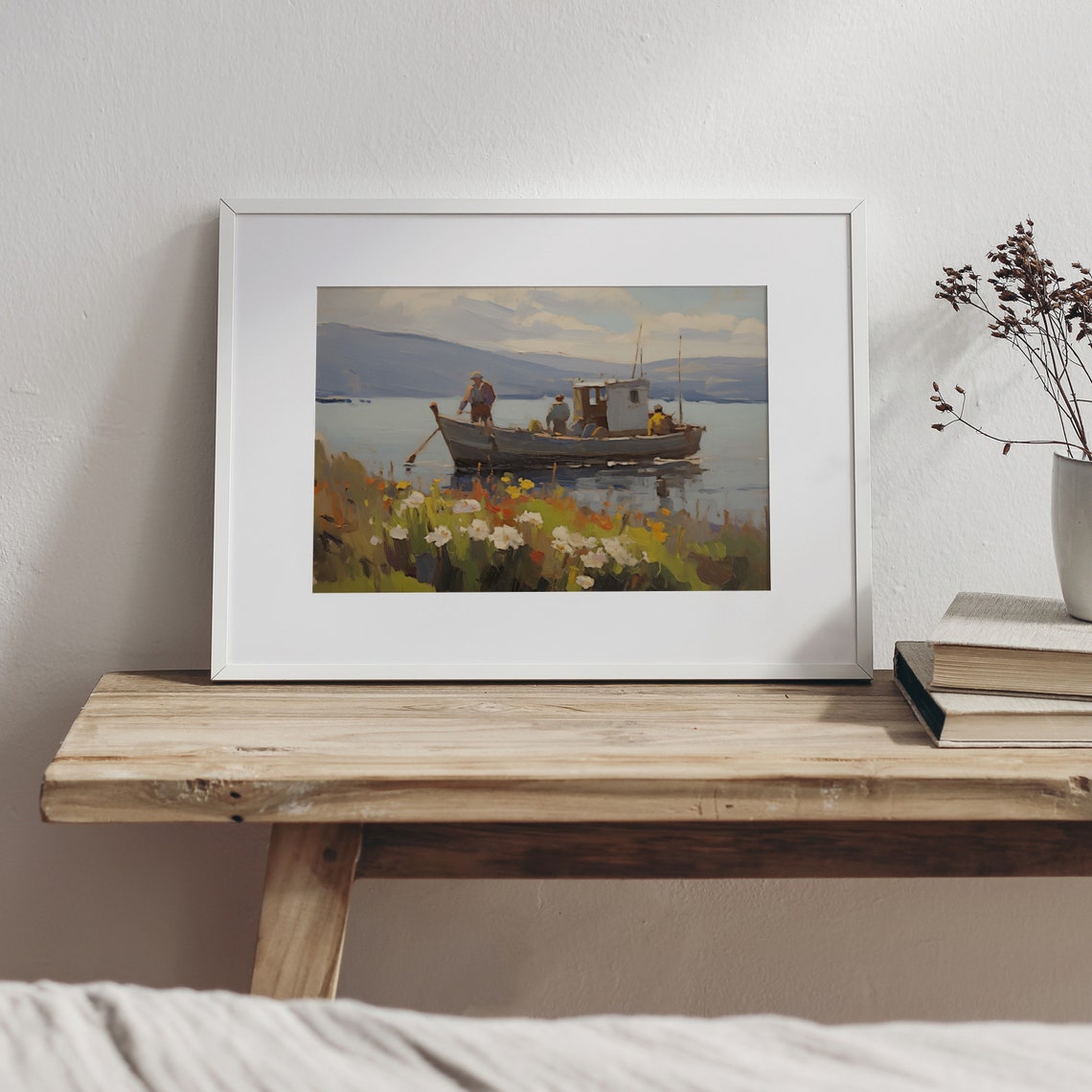 Fishing Boat Crew Wildflower Shore Mountain Lake Painting Poster - Image 5