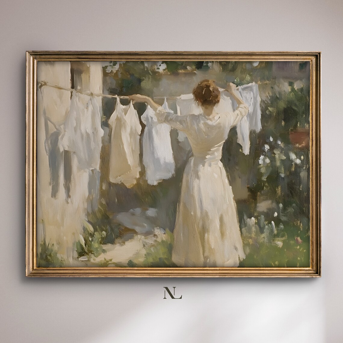 Woman Hanging Laundry On Line Sunny Garden Vintage Painting Poster
