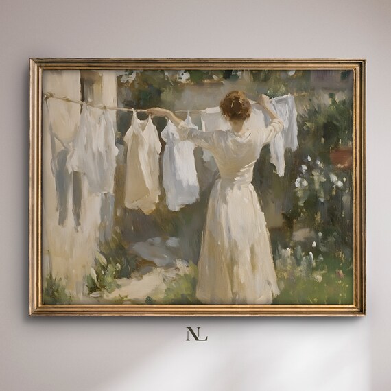 Woman Hanging Laundry On Line Sunny Garden Vintage Painting Poster