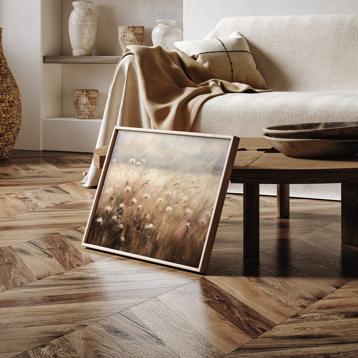 Windblown Meadow White Wildflowers Golden Grass Landscape Poster - Image 2