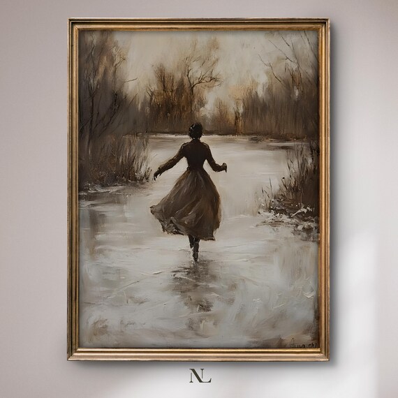 Victorian Woman Ice Skating On Frozen Pond Winter Painting Poster