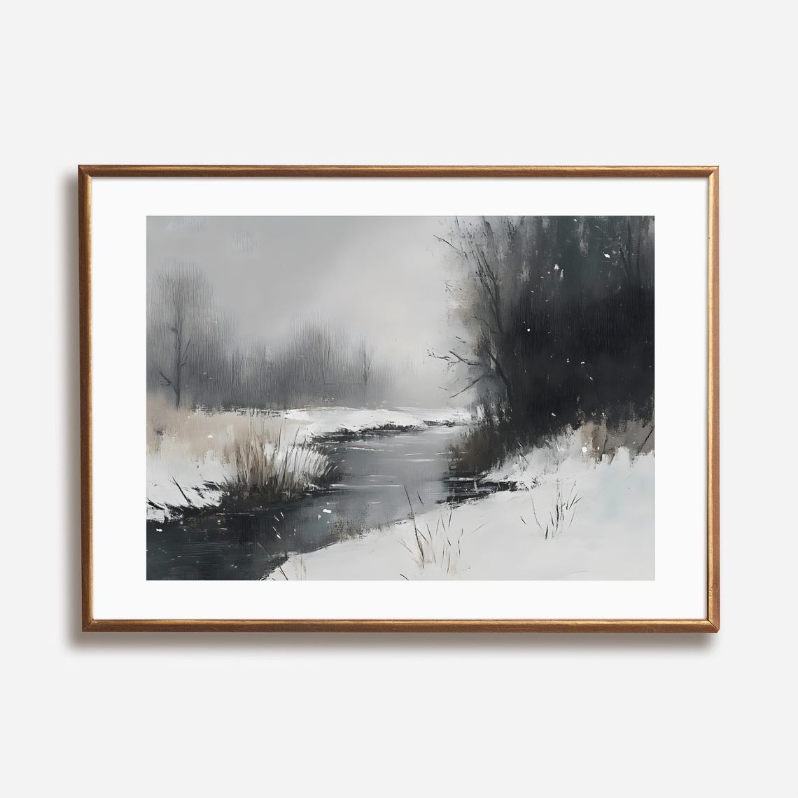 Winter Stream Through Snowy Banks Black And White Nature Poster - Image 3