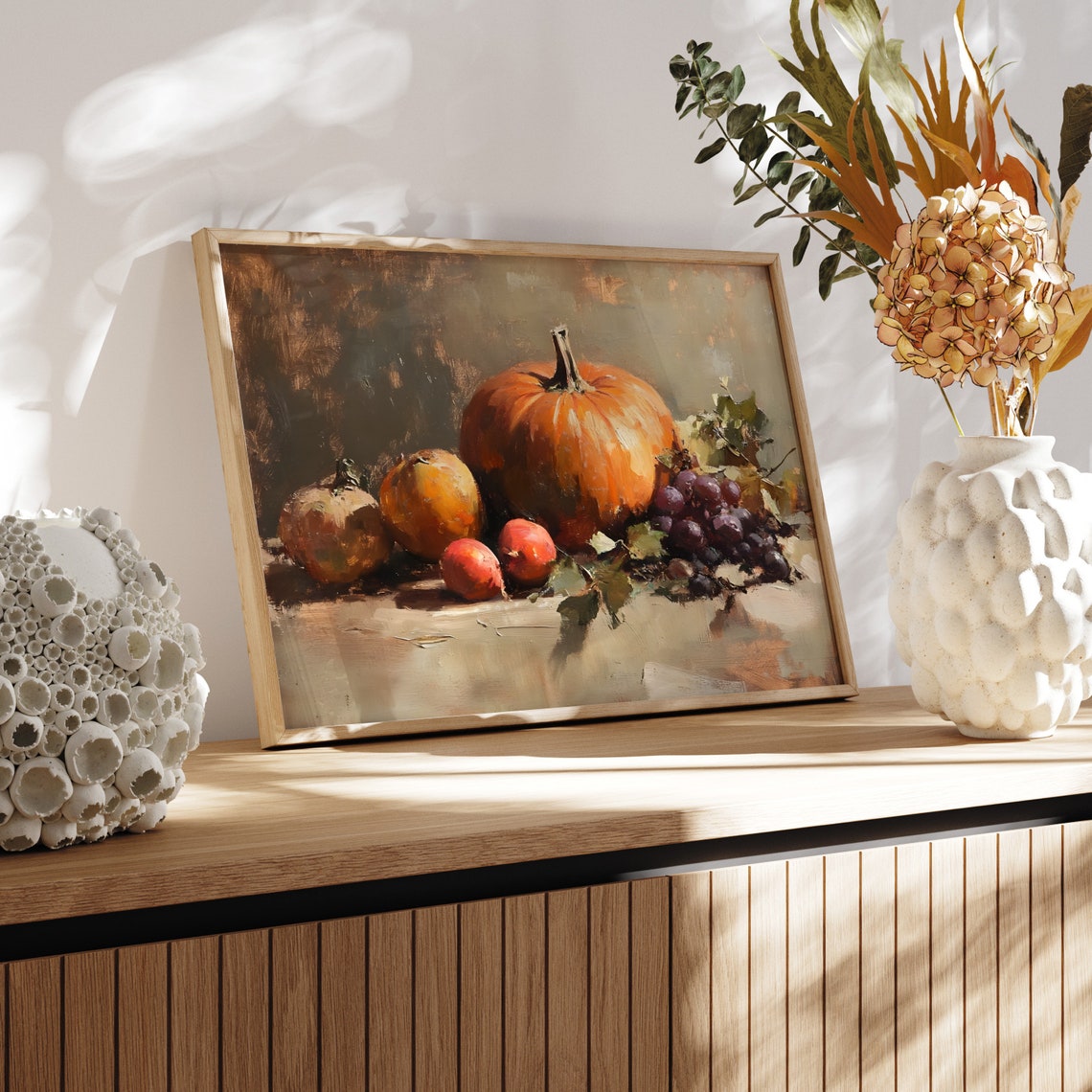 Pumpkin Still Life With Grapes And Peaches Fall Harvest Oil Poster - Image 4