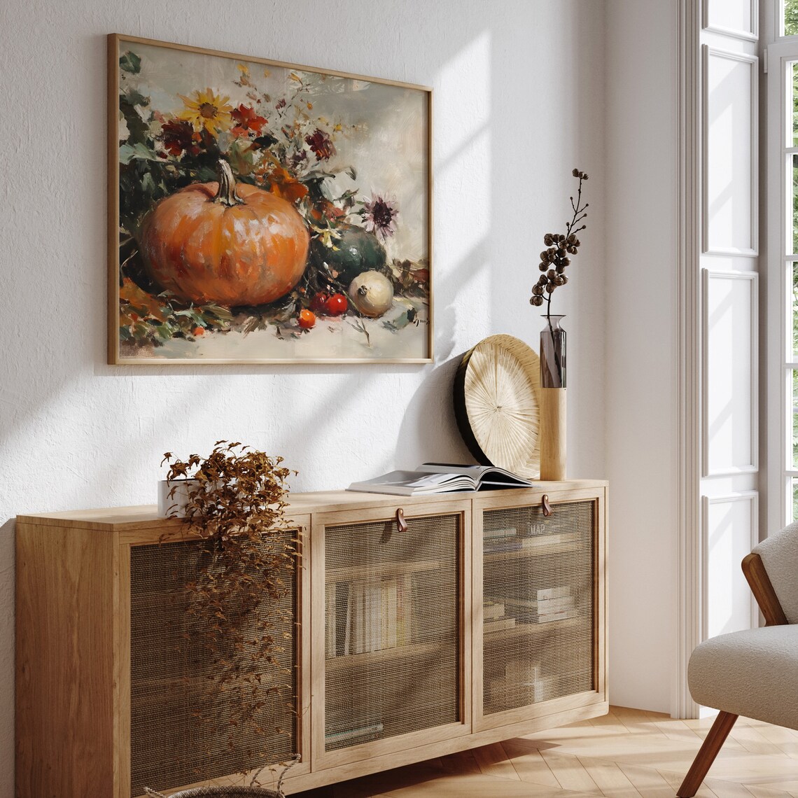 Pumpkin With Sunflowers And Wildflowers Harvest Still Life Poster - Image 3