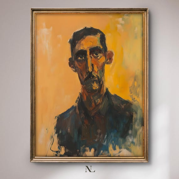 Wall Art Abstract Male Portrait Moody Home Decor Rustic Vintage Oil Painting Cosy Farmhouse Impressionist Print