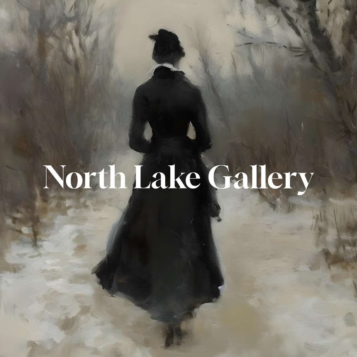 Woman In Black Dress Walking Snowy Path Moody Winter Painting Poster - Image 2