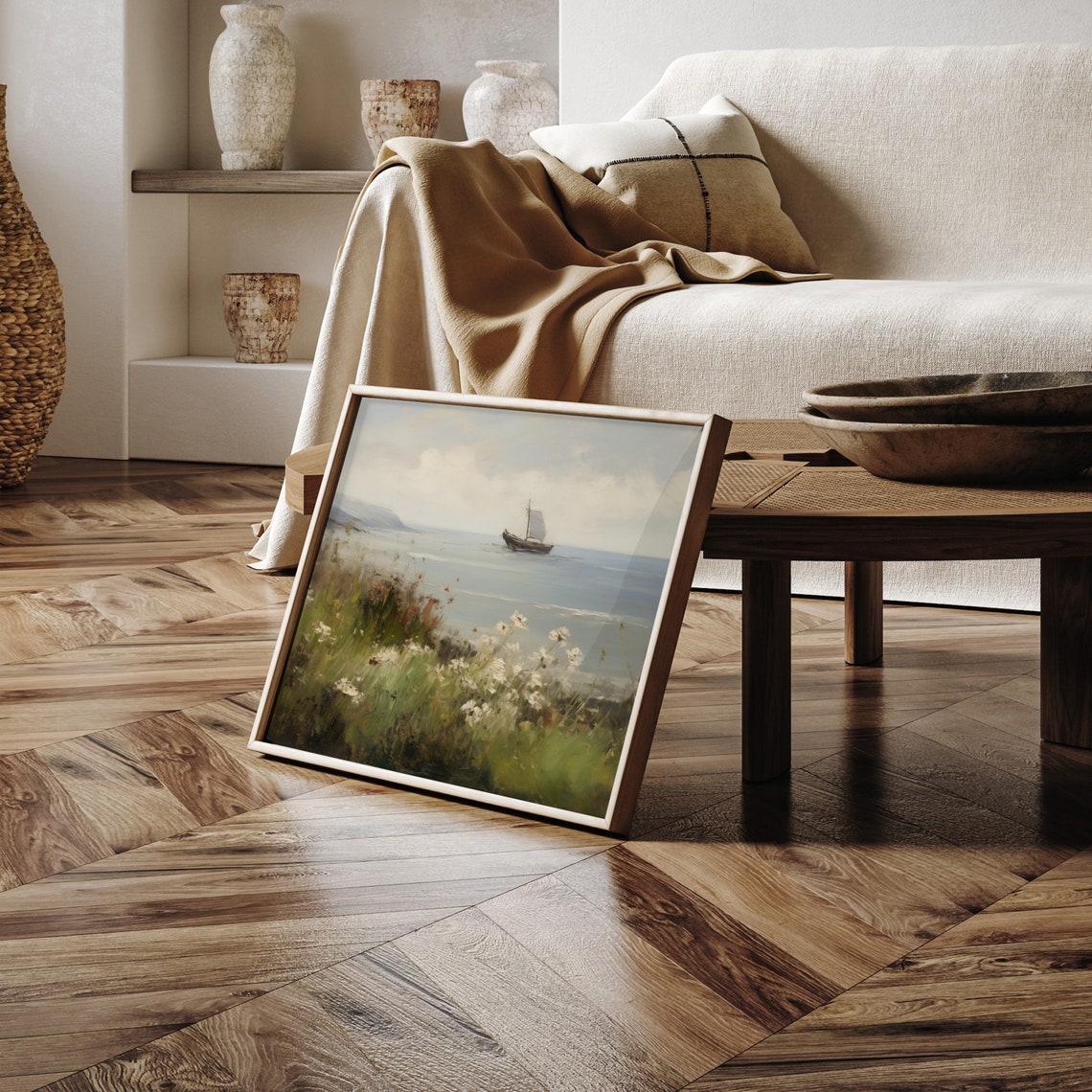 Sailboat On Calm Sea Wildflower Cliff Coastal Painting Poster - Image 2