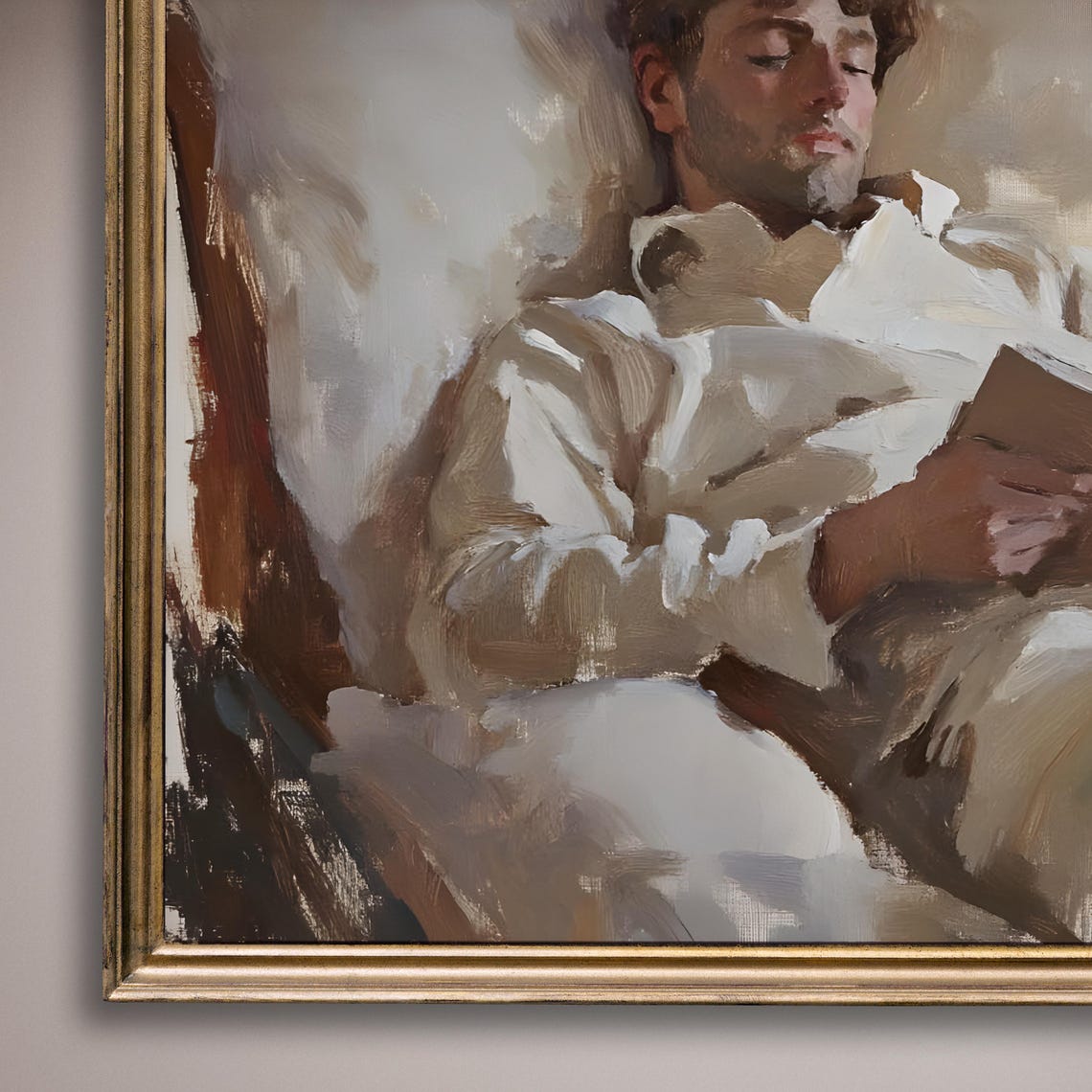 Man Reading Book In Bed Soft Neutral Tones Cozy Painting Poster - Image 8
