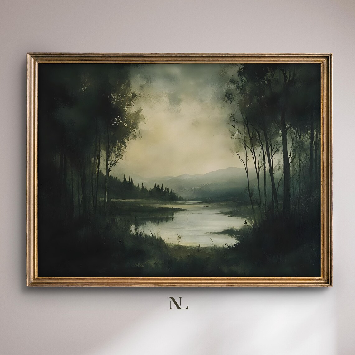 Dark Moody Forest Lake Moonlit Dusk Landscape Painting Poster