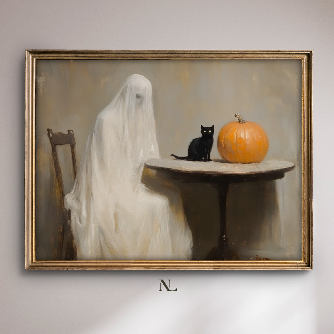 Ghost Sitting With Black Cat And Pumpkin Halloween Art Poster