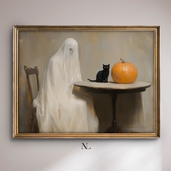 Ghost Sitting With Black Cat And Pumpkin Halloween Art Poster