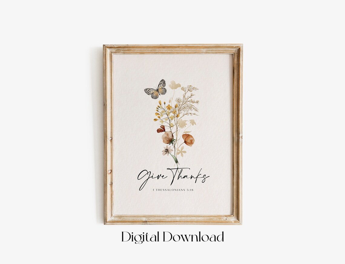 Give Thanks 1 Thessalonians 5:18 Autumn Botanical Butterfly Bible Verse Poster - Image 4