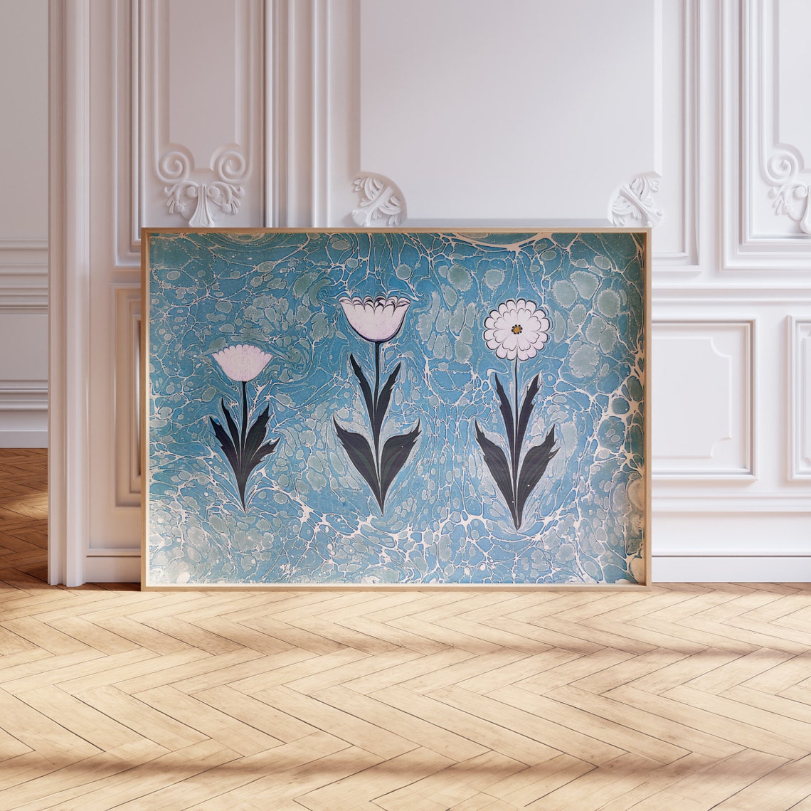 White Blooms Teal Marbled Background Trio Floral Art Wall Poster