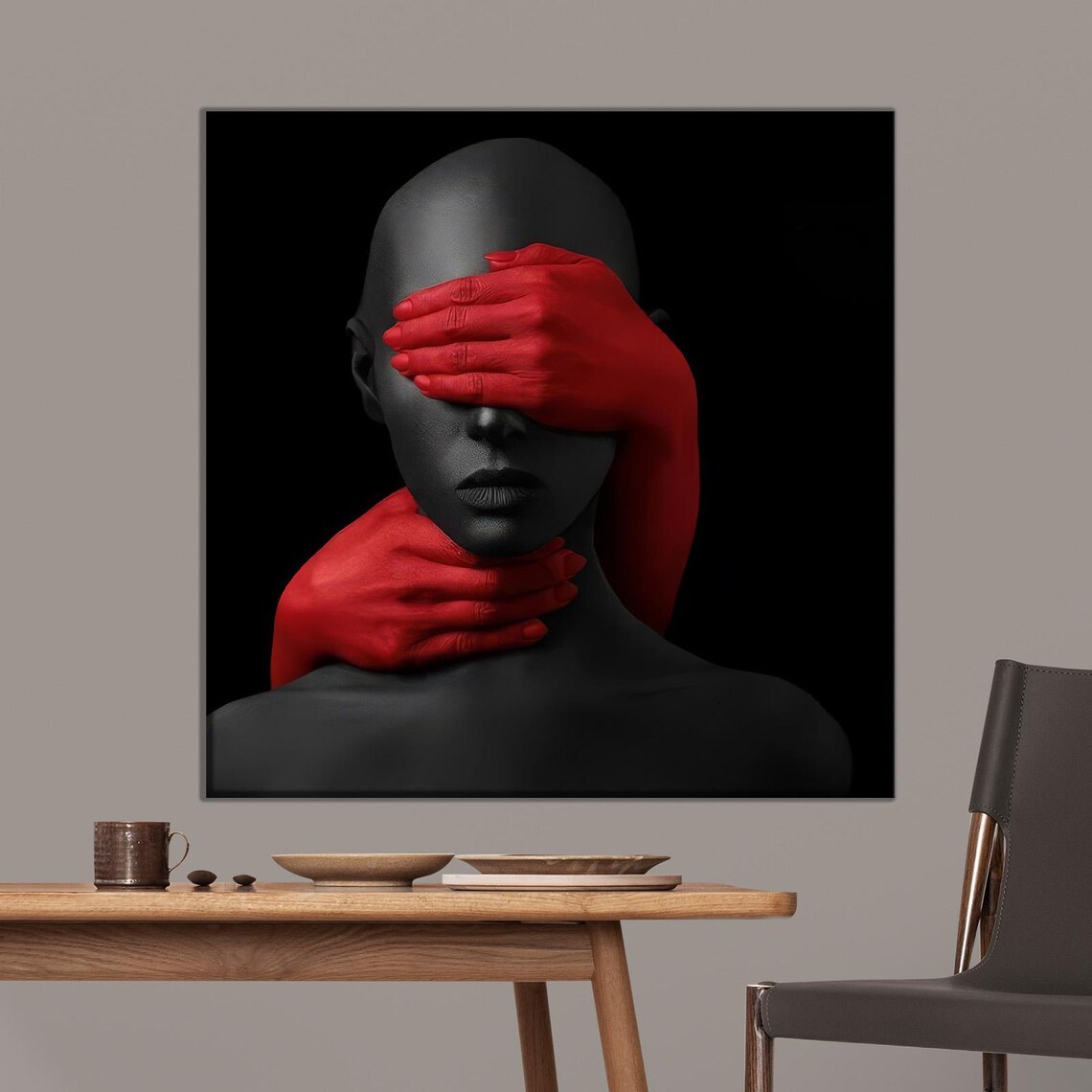 Surreal Red Hands Portrait Bold Conceptual Dark Modern Art Poster