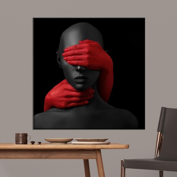 Surreal Red Hands Portrait Bold Conceptual Dark Modern Art Poster