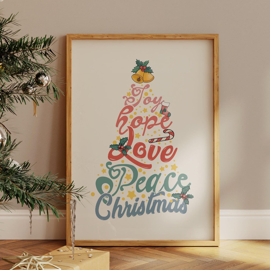 Joy Hope Love Peace Christmas Tree Script Vintage Holiday Poster