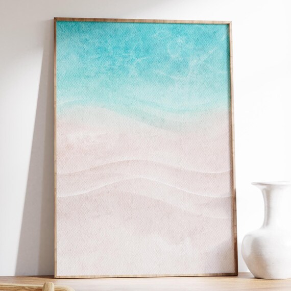 Turquoise Ocean Waves Fading Into Blush Pink Sandy Shore Poster