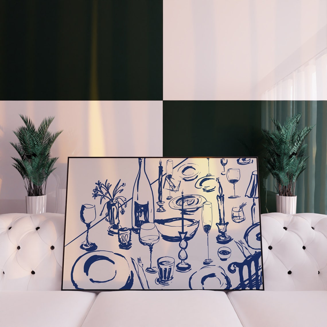 Blue Ink Dinner Table Sketch Wine Candles Wide Kitchen Poster - Image 3