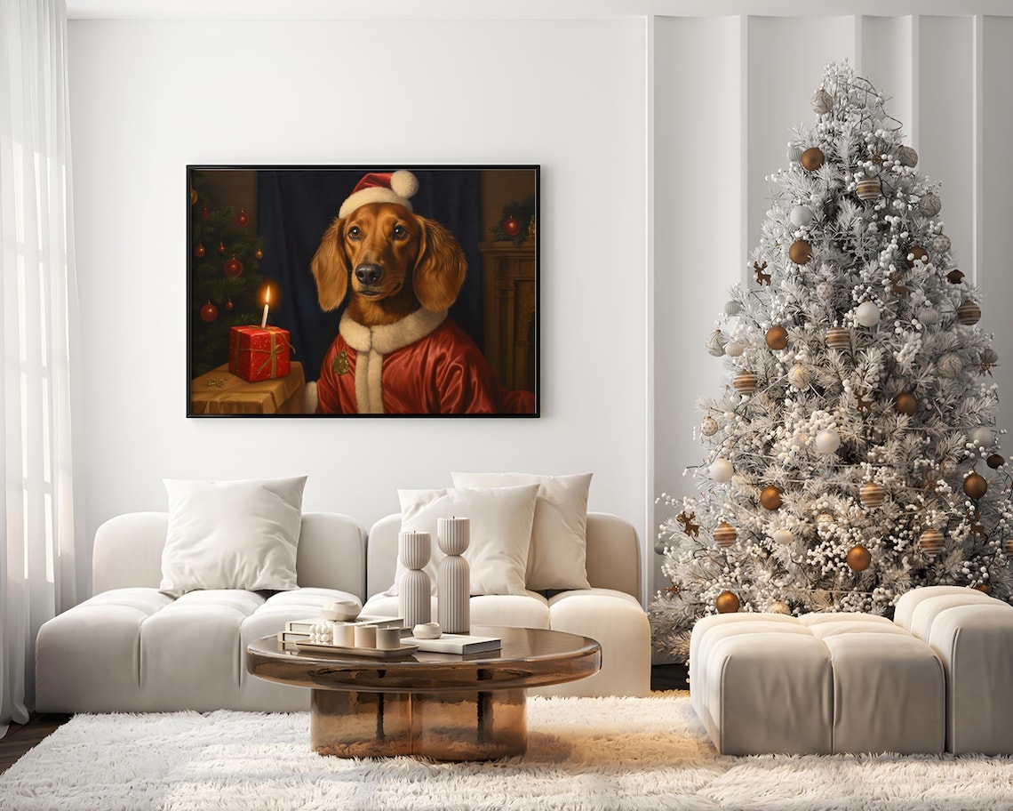 Long Haired Dachshund Santa Costume Christmas Portrait Poster - Image 2