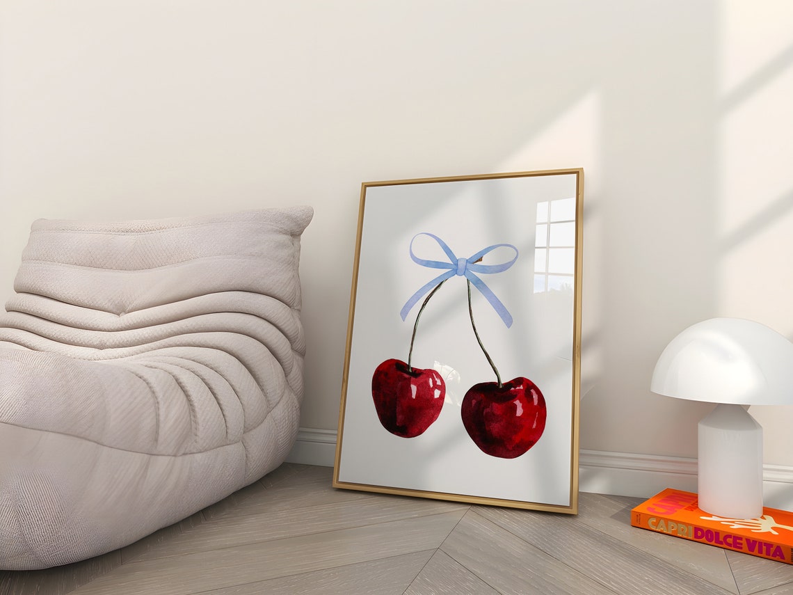 Sweet Glossy Red Cherry Pair Blue Ribbon Bow Coquette Poster - Image 2