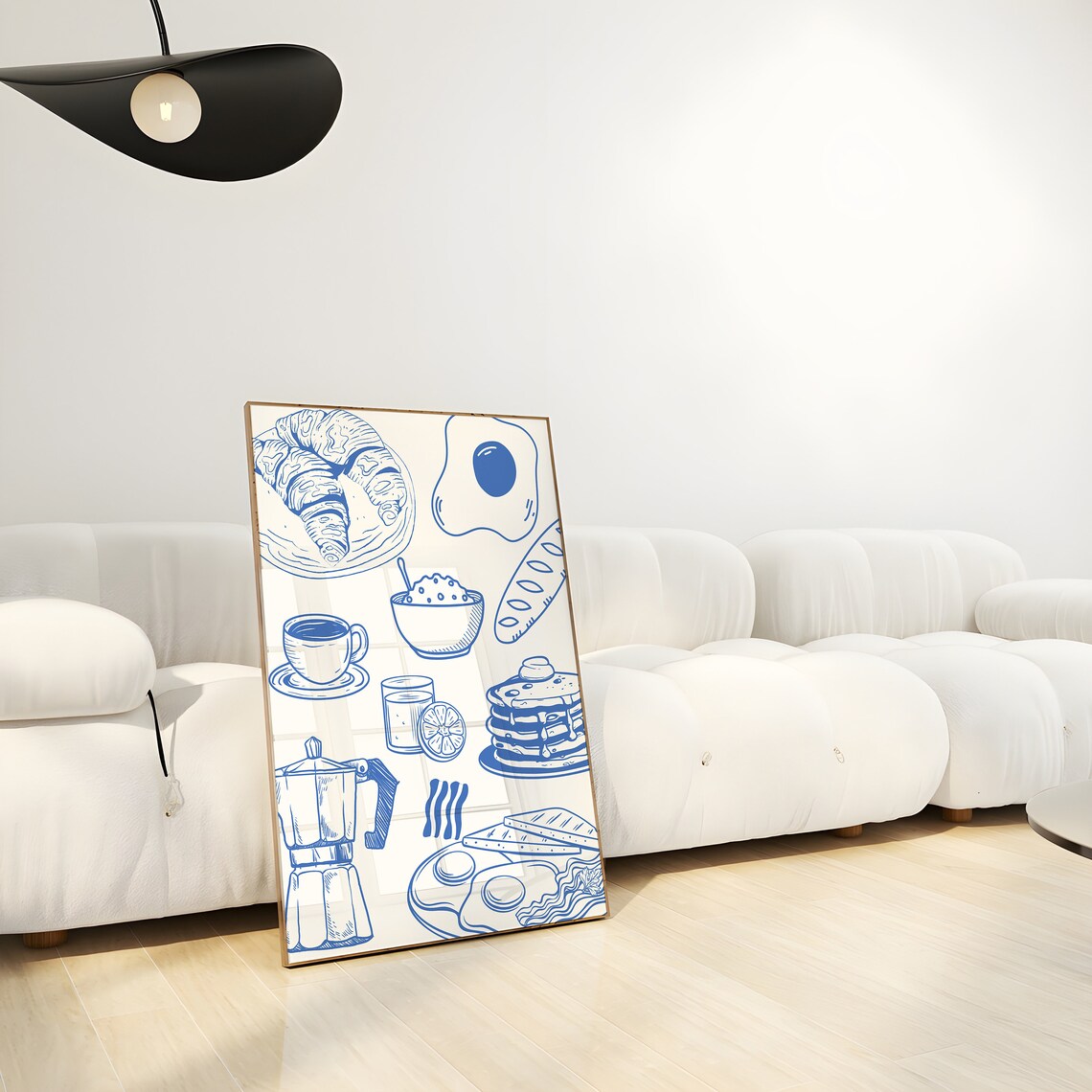Blue Line Art Breakfast Spread Coffee Croissant Kitchen Poster - Image 3